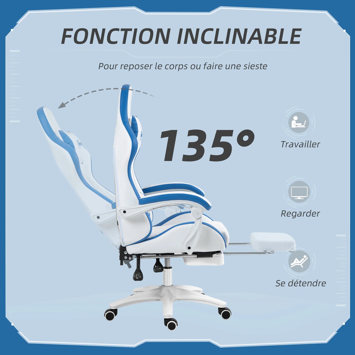 Gaming chair ergonomic gaming chair with 135° reclining backrest and lumbar support, 65x65x121-129 cm white