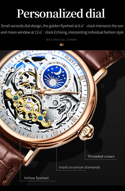 OLEVS Brand 2024 Fashion Moon Phase Skeleton Mechanical Watch for Men Sport Leather Waterproof Luxury Tourbillon Watches Mens