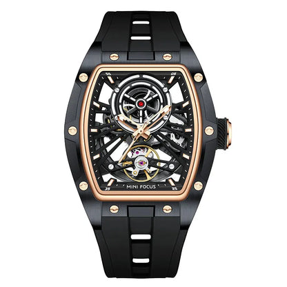 MINI FOCUS Herren-Armbanduhr, modisch, schwarz, wasserdicht, automatische mechanische Uhr mit Leuchtzeigern, Silikonarmband und Tonneau-Zifferblatt