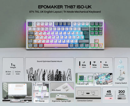 Layout ISO-UK EPOMAKER TH87 TKL Tastiera meccanica cablata/BT/wireless 2.4Ghz NKRO con batteria 10000mAh e illuminazione RGB