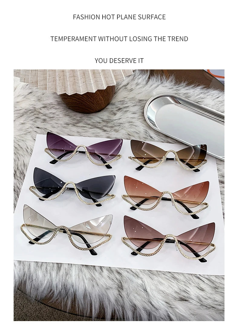 Sexy Cat Eye Rimless Sunglasses Women 2026 Luxury Brand Trendy Rhinestone Sun Glasses Punk Metal Frame Eyewear Outdoor Shades
