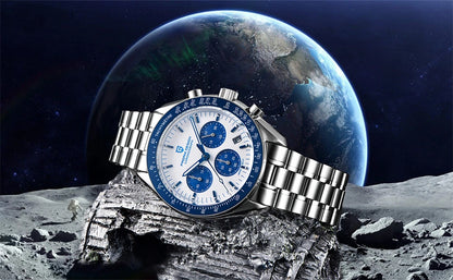 Vyriškas laikrodis „PAGANI DESIGN“ „New Moon“ – prabangus kvarcinis laikrodis su chronografu, safyro stiklu su antirefleksine danga, keraminiu rėmeliu ir šviečiančiomis rodyklėmis