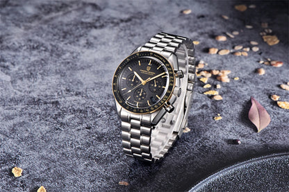 Vyriškas laikrodis „PAGANI DESIGN“ „New Moon“ – prabangus kvarcinis laikrodis su chronografu, safyro stiklu su antirefleksine danga, keraminiu rėmeliu ir šviečiančiomis rodyklėmis