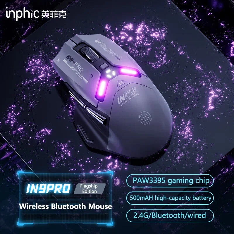 Inphic IN9PRO Wireless Gaming Mouse 26000 DPI Tri-Mode RGB Gaming Mouse, PAW3395 Sensor, Bluetooth 5.0, 2.4G & Wired, 8K Polling Rate Compatible