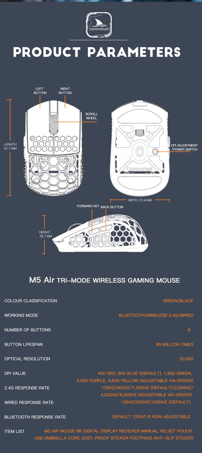 Darmoshark M5Air Forged Carbon Fiber Wireless 8K Gaming Mouse PAW3950 30K DPI Small Hand Finger Grip Game Macro Mice Lightweight