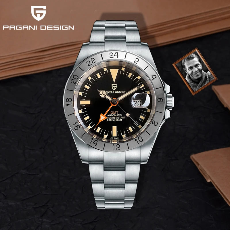 PAGANI DESIGN 2025 New Men's Automatic Mechanical Watch GMT Classic Retro Stainless Steel 200m Water Resistant Men's Wristwatch