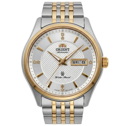 Montre mécanique automatique pour homme Orient, avec double calendrier (date et jour de la semaine), index en cristal et bracelet en acier inoxydable – Montre-bracelet de style professionnel