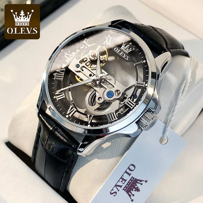 Reloj mecánico automático para hombre OLEVS 6661 – Modelo esqueleto totalmente transparente con volante a la vista, correa de piel, reloj de lujo original para hombre