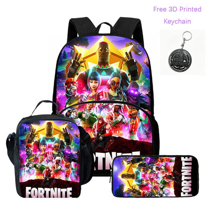 3-teiliges FORTNITE Cartoon-Schulset mit leichtem Rucksack, Fronttasche, Lunchbox und Federmäppchen für Kinder von 5-9 Jahren + kostenloser 3D-gedruckter Schlüsselanhänger
