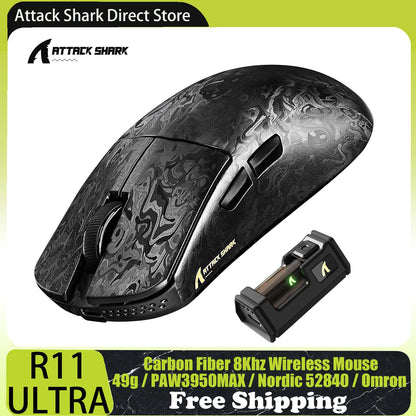ATTACK SHARK R11 ULTRA trådløs gamingmus i kulfiber, 8000Hz, PAW3950MAX, 42000DPI, letvægtsdesign på 49g, 20000FPS, Nordic 52840