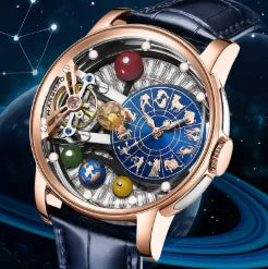 Mechanische Automatikuhr für Herren, Modell „Ciel étoilé“: Skelettdesign, Constellation-Stil, Edelstahlgehäuse, reliefartige Anzeige, Leuchtfunktion und Wasserdichtigkeit.