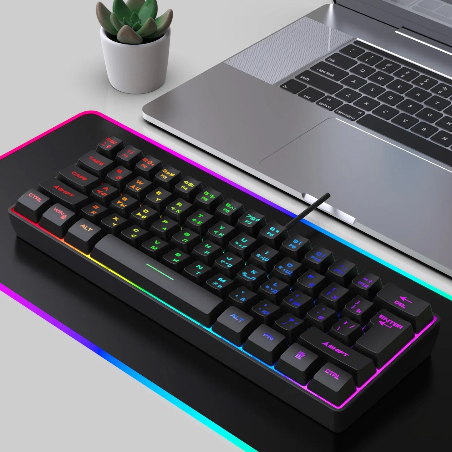 Gaming Keyboard,Russian/English RGB Backlit 61 Key Ultra-Compact Keyboard, Waterproof Mechanical Feeling Office aming Keyboards