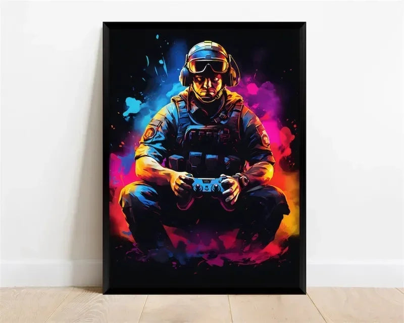 Pop Neon Video Game Character Poster Gamepad Headphones Football Basketball Canvas Print Wall Art Decor Gaming Room Decoration