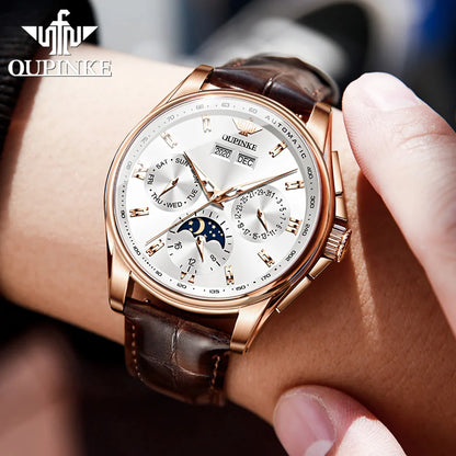 OUPINKE 3189 Classic Men's Watch Leather Strap Waterproof Moon phase Top Brand Automatic Mechanical Men's Wristwatch
