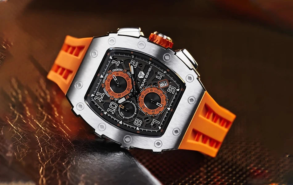 TSAR BOMBA Neue TB8204 Uhr für Herren, Japanisches Quarz-Chronographenwerk, 50M wasserdichte Armbanduhr, modische Sportuhr, luxuriöses Geschenk für Herren