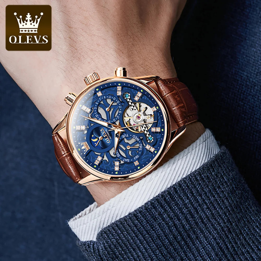 OLEVS 6658 Automatic Mechanical Watch for Man Leather Strap Waterproof Moon Phase Business Dress Men's Watches