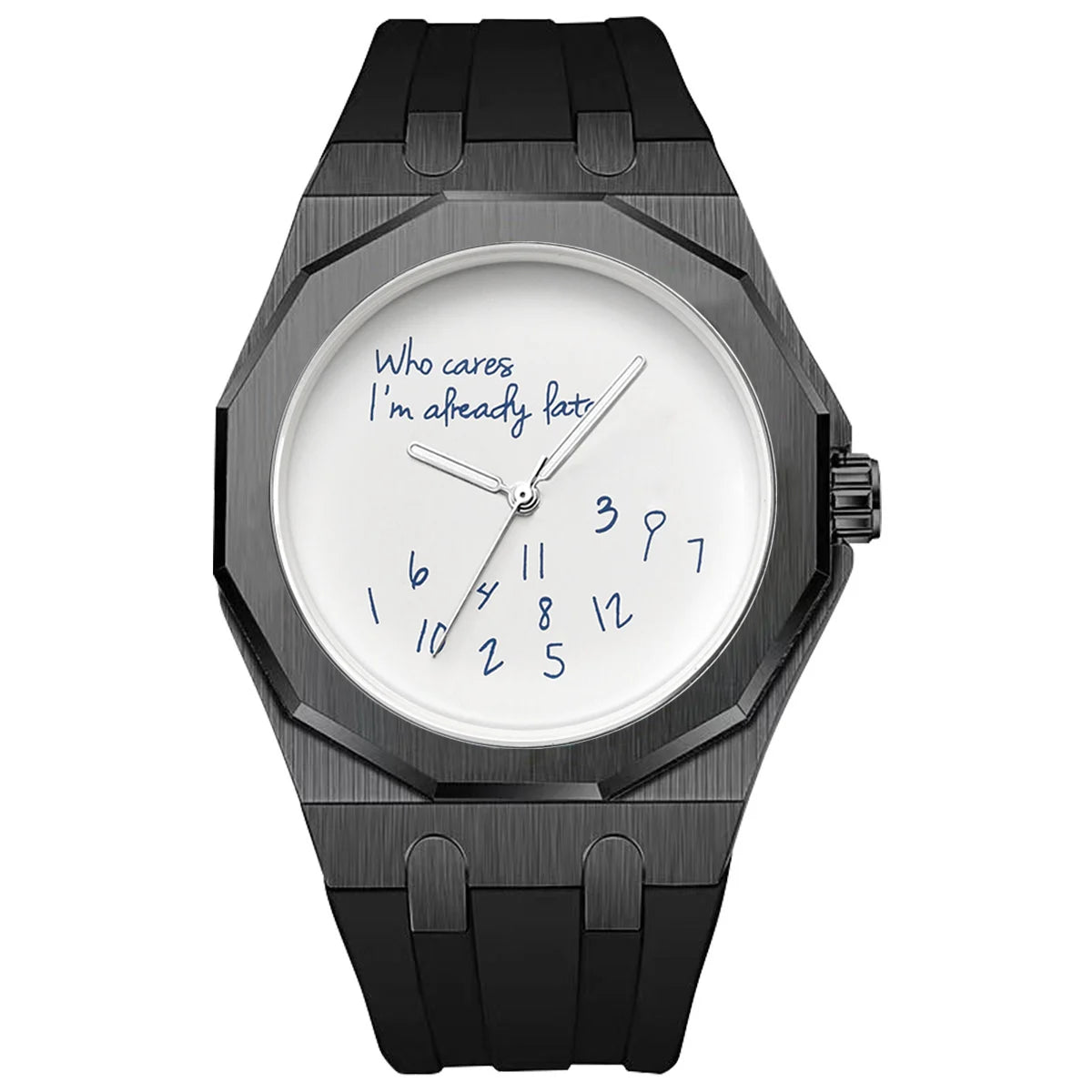 Montre pour homme de luxe avec boîtier octogonal et bracelet en silicone, étanche, dotée d'un cadran arborant le slogan humoristique « Who Cares I'm Already Late » (Et puis quoi, je suis déjà en retard).