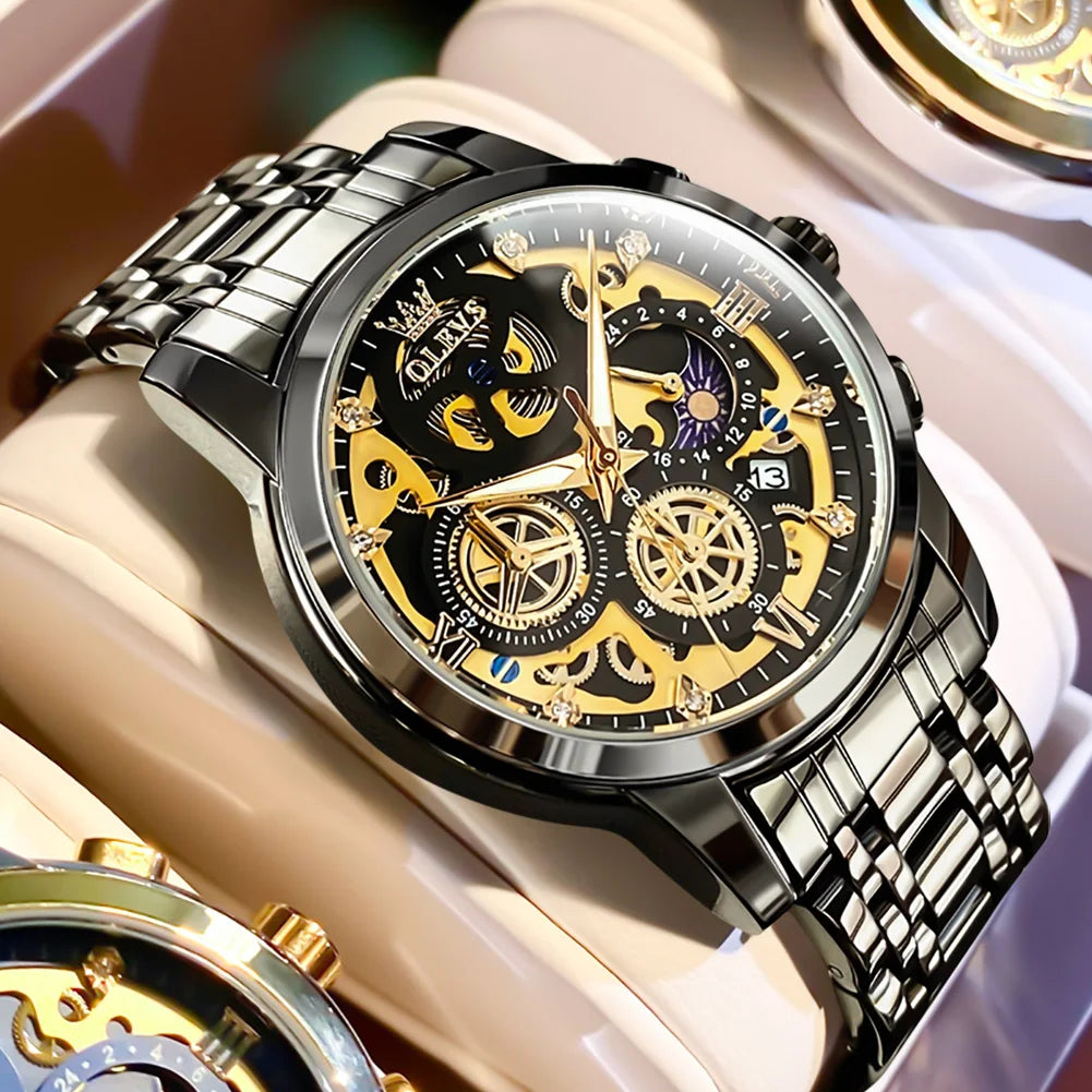 OLEVS Herrenuhr – Luxusmodell, wasserdicht, Quarzwerk, Skelett-Design, 24-Stunden-Anzeige (Tag/Nacht), goldfarben