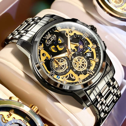 OLEVS Herrenuhr – Luxusmodell, wasserdicht, Quarzwerk, Skelett-Design, 24-Stunden-Anzeige (Tag/Nacht), goldfarben