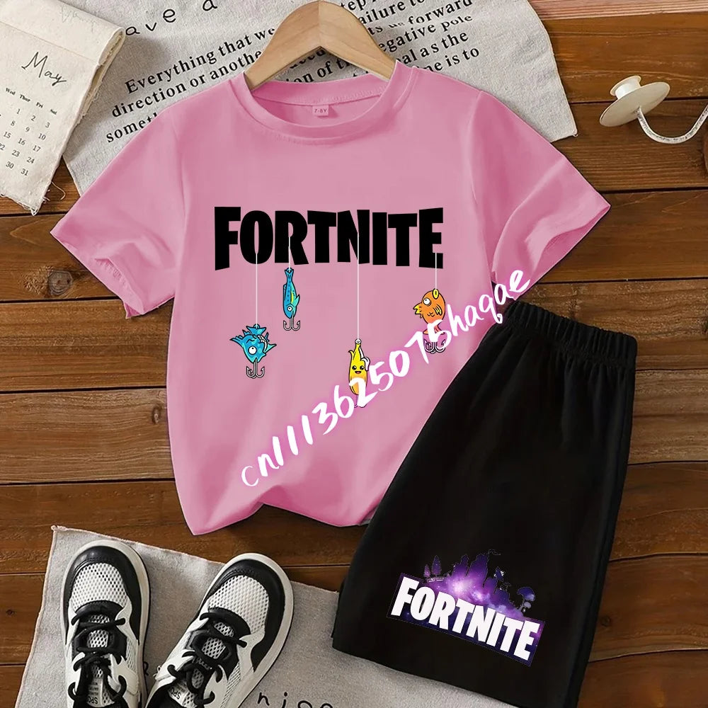 Летен комплект Fortnite с тениска и къси панталони за момчета и момичета, 2 части, детски дрехи с горнище, тениска и панталони, принт Fortress Night, подарък