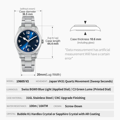Watchdives WD1960S V2 36.5mm Men’s Quartz Watch VH31 Sweep-Seconds Movement  Sapphire Crystal BGW9/C3 Luminous  Watch for Men