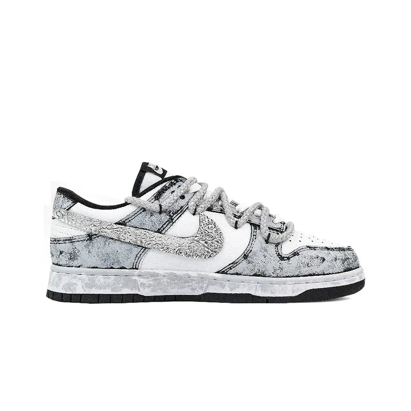 Individuell gestaltete Sneaker Nike Dunk „Silver Bloom Rose“ mit Ink-Wash- und Splatter-Effekt – strapazierfähige Low-Top-Skateschuhe für Damen und Herren
