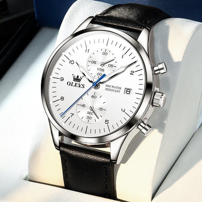 OLEVS 2880 Herrenuhr – Eleganter, schlichter Chronograph, Lederarmband, automatische Datumsanzeige, wasserdicht, leuchtende Zeiger, Quarzwerk.