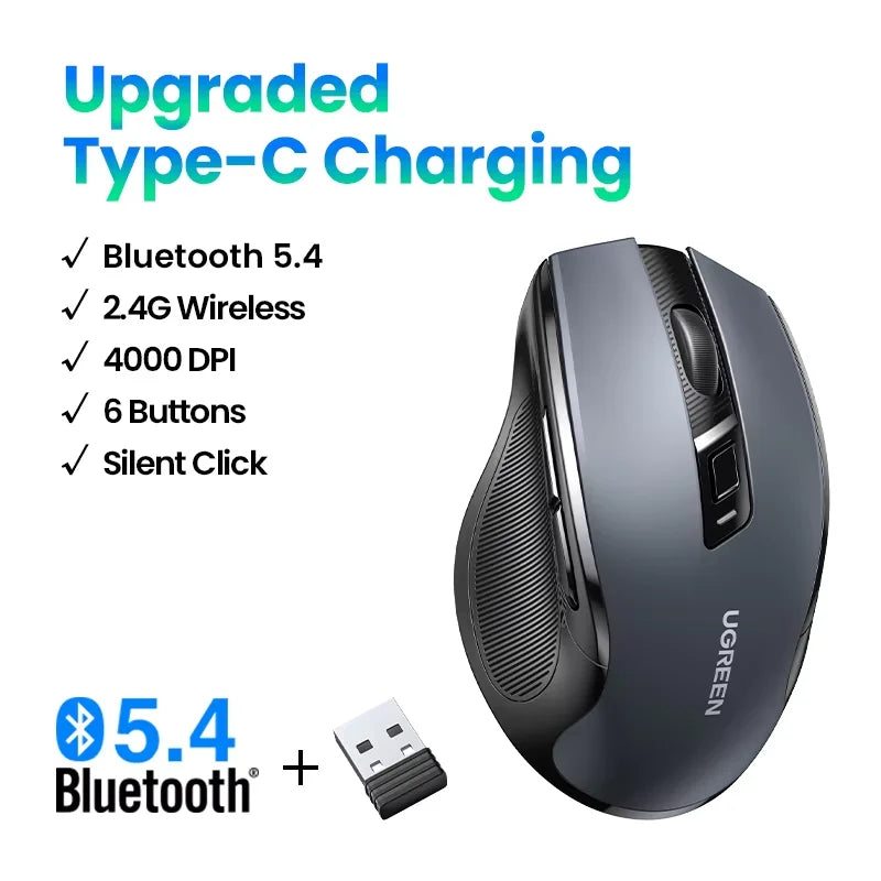Bezdrátová myš UGREEN Bluetooth 5.0, ergonomická myš 4000 DPI se 6 tichými tlačítky pro MacBook, tablet, notebook, počítač PC, 2.4G myši