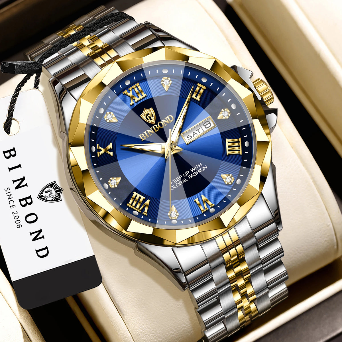 BINBOND Quarz-Herrenuhr – Luxuriöse, leuchtende und wasserdichte Armbanduhr mit automatischer Wochentags- und Datumsanzeige.