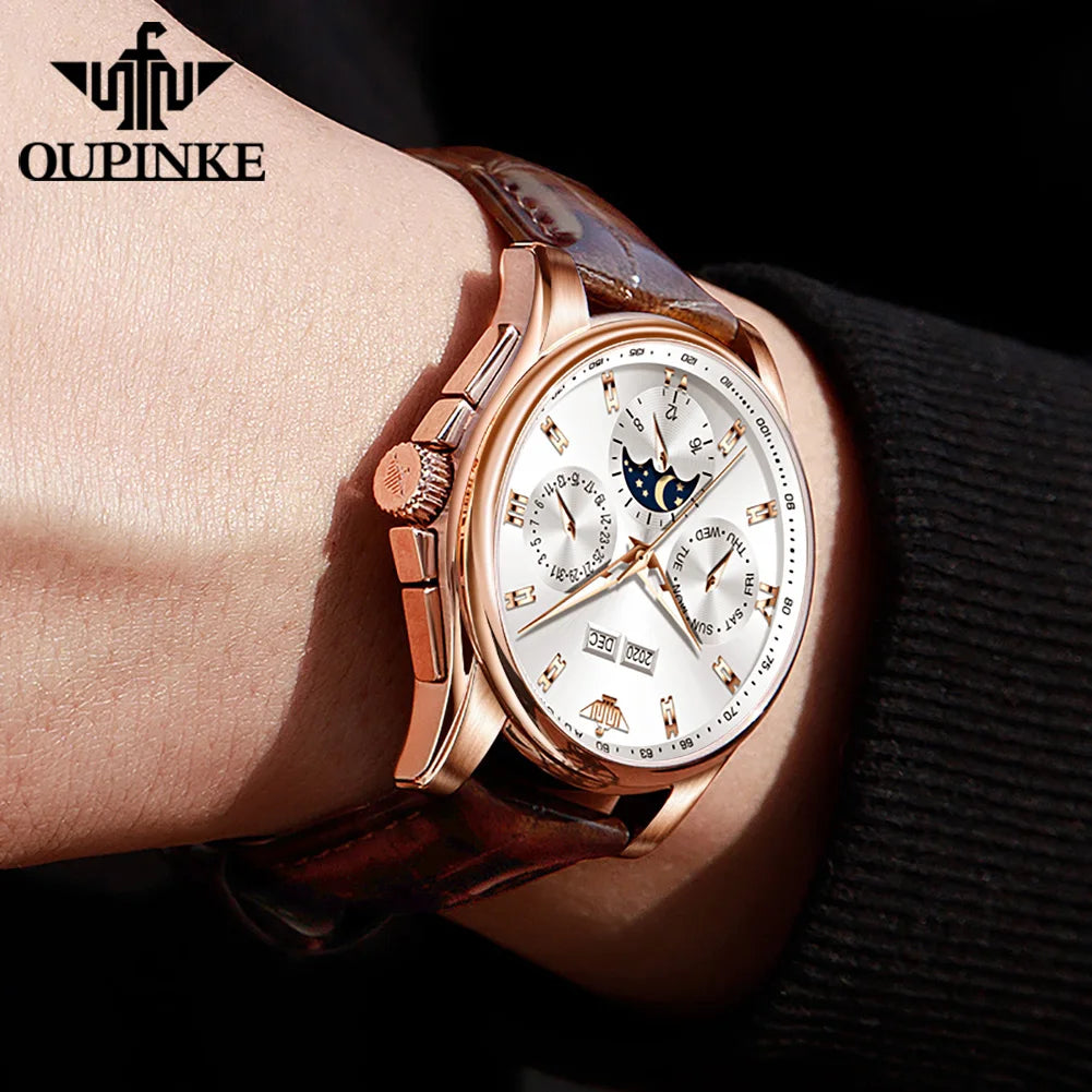 OUPINKE 3189 Classic Men's Watch Leather Strap Waterproof Moon phase Top Brand Automatic Mechanical Men's Wristwatch