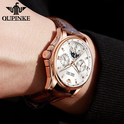 OUPINKE 3189 Classic Men's Watch Leather Strap Waterproof Moon phase Top Brand Automatic Mechanical Men's Wristwatch