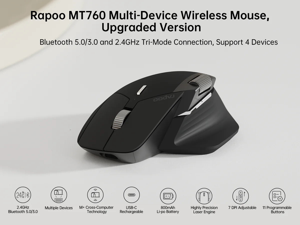Rapoo MT760/MT760L/MT760Mini/MT760M Rechargeable Multi-mode Bluetooth Wireless Mouse Ergonomic 4000 DPI Support Up to 4 Devices