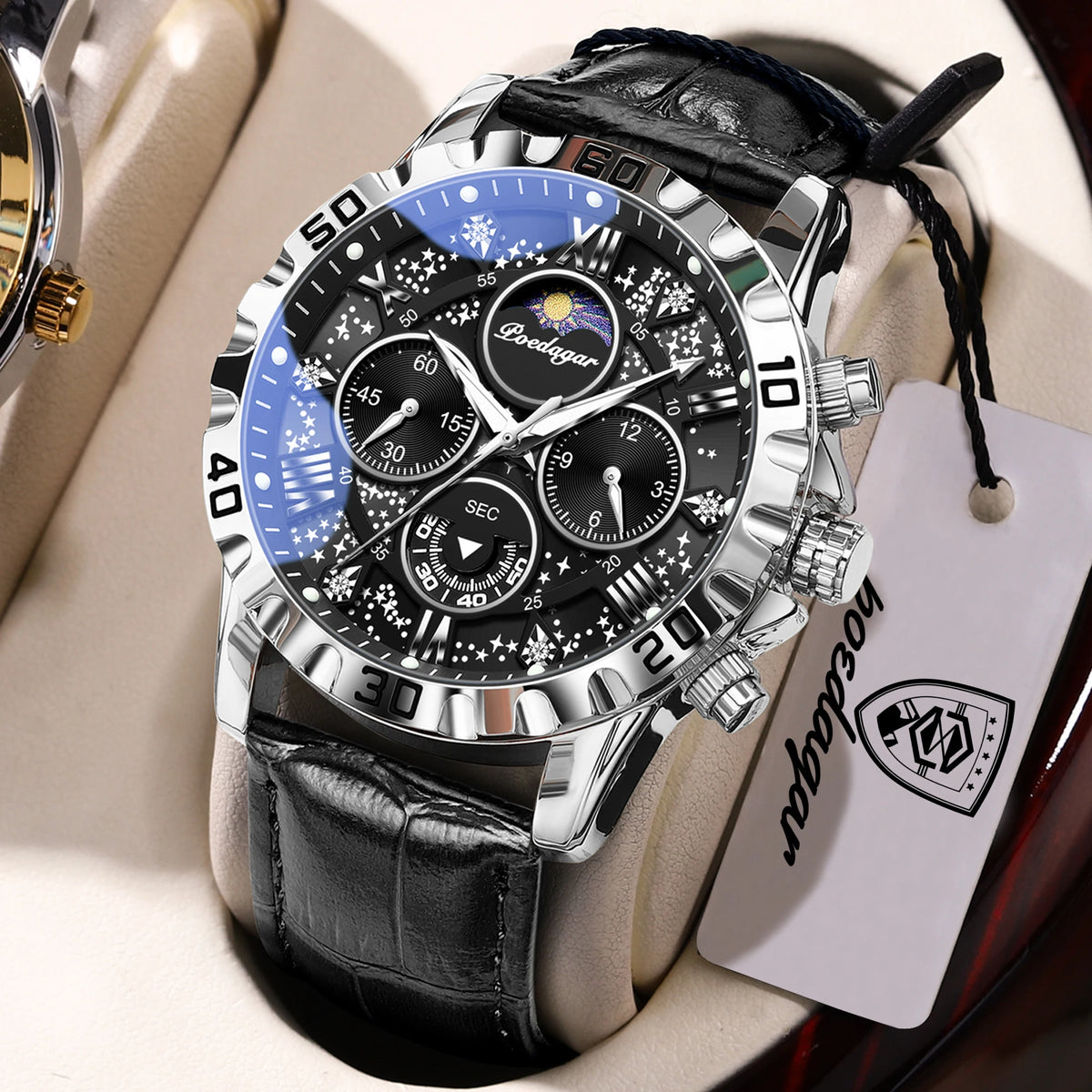 Luxus-Armbanduhr POEDAGAR für Herren – Sportlicher, wasserdichter und leuchtender Chronograph mit Lederarmband, Quarzwerk