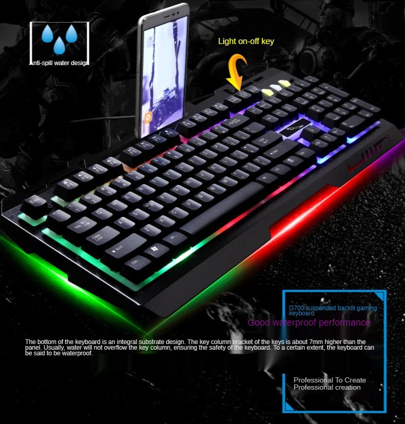 USB Keyboard G700 Waterproof business personality mechanical feel metal glow mobile phone stand gaming keyboard