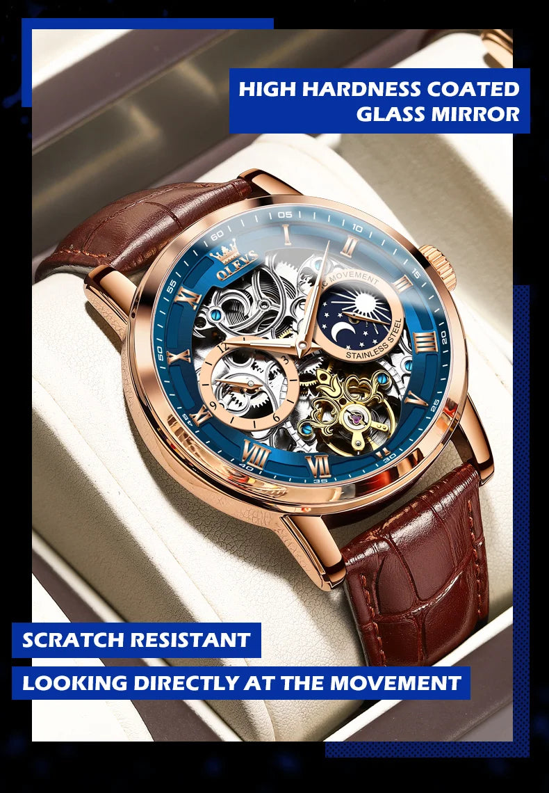 OLEVS Top Brand Men's Skeleton Mechanical Watch, Waterproof Leather Strap, Moon Phase, Automatic Tourbillon Wristwatch