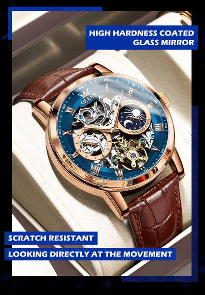 OLEVS Top Brand Men's Skeleton Mechanical Watch, Waterproof Leather Strap, Moon Phase, Automatic Tourbillon Wristwatch