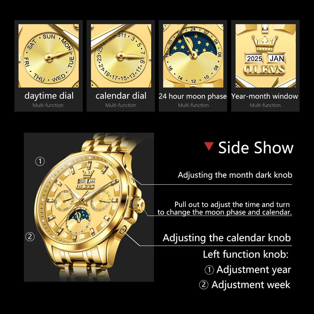 OLEVS 7070 Automatic Men's Watches Luxury Multi functional  Perpetual Calendar Moon Phase Luminous Mechanical Wristwatch For Man