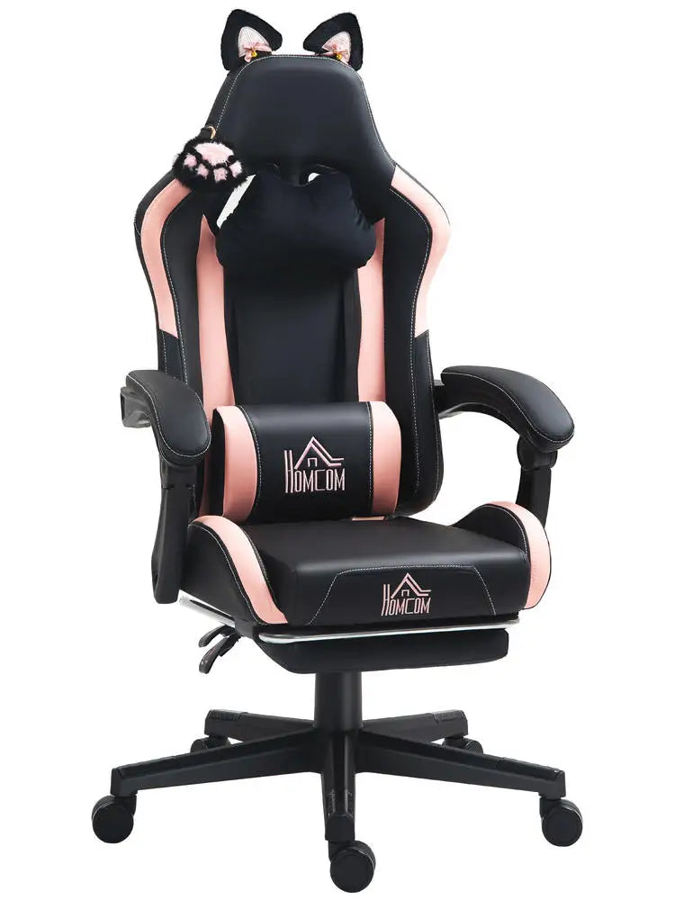 Cat Ear Gaming Chair 135° Reclining Height Adjustable Swivel Chair with Footrest PU Leather Lumbar Support Gaming Chair