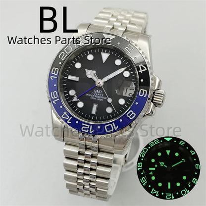 BLIGER 40mm 515 24H GMT Men's Watch Stainless Steel Clasp Luminous Quartz Movement Ceramic Bezel 10Bar Waterproof Sapphire Glass