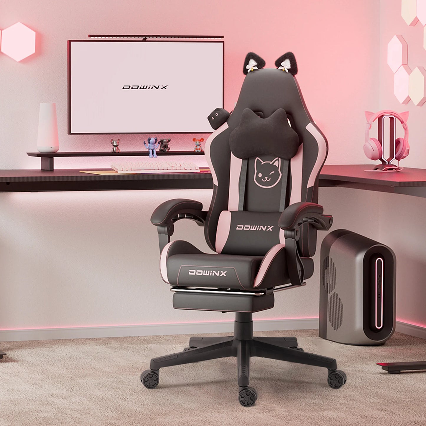 Cuki gamer szék macskafülekkel, lábtartóval, rózsaszín kawaii számítógépes szék, ergonomikus, magas háttámlás gamer ülés macskamancsos deréktámasszal