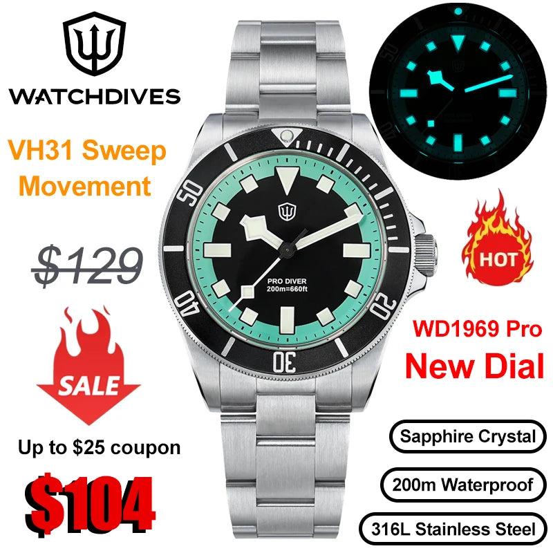 Watchdives WD1969 Pro Quartz Watches New Dial VH31 Sweep Seconds Movement 200m Waterproof Men Watches Luminous Luxury Watches
