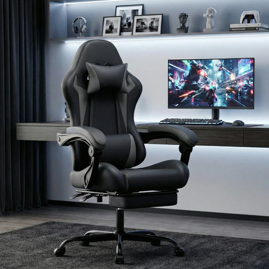 Gaming Chair Ergonomic Gaming Chair with Lumbar Pillow and Headrest, Gamer Chair Height Adjustable, Pc Chair for Adults Girls Boy,Black Grey