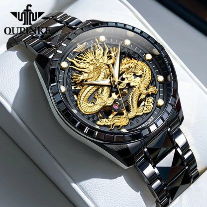 OUPINKE Herrenarmbanduhr, Top-Marke, Luxus, Gold, Wolframstahl, originale automatische mechanische Armbanduhr mit Zifferblatt im Drachenmuster