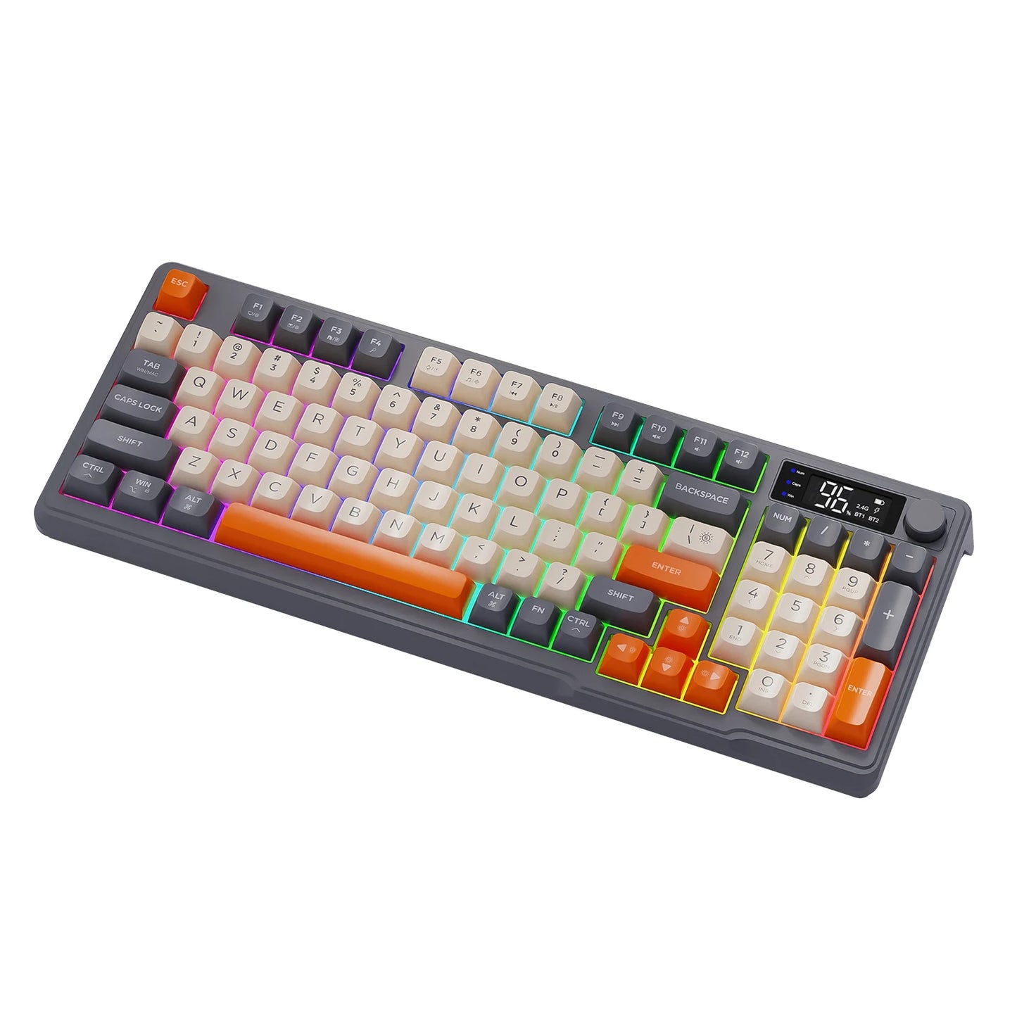 M96 Bluetooth Wireless Keyboard FREEWOLF Digital Display,RGB Backlight,2000mAh Battery & PBT Keycaps for PC/Laptop