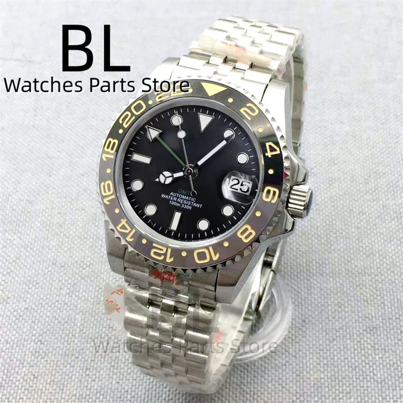 BLIGER 40mm NH34 GMT Watch For Men With Black Gray Ceramic Bezel Sapphire Glass Green Gmt Hands Green GMT Text Jubilee Bracelet