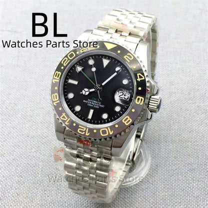 BLIGER 40mm NH34 GMT Watch For Men With Black Gray Ceramic Bezel Sapphire Glass Green Gmt Hands Green GMT Text Jubilee Bracelet