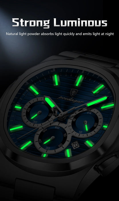 POEDAGAR Business Man Wristwatch Date Chronograph Waterproof Luminous Luxury Men Watch Stainless Steel Quartz Men's Watches Male