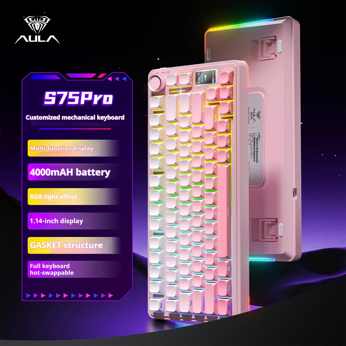 AULA S75 PRO Mechanical Keyboard 75% Custom Layout RGB Backlight Wireless Bluetooth Gaming Keyboard with Screen Knob