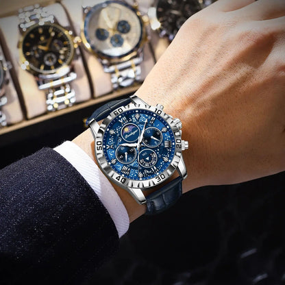Luxus-Armbanduhr POEDAGAR für Herren – Sportlicher, wasserdichter und leuchtender Chronograph mit Lederarmband, Quarzwerk