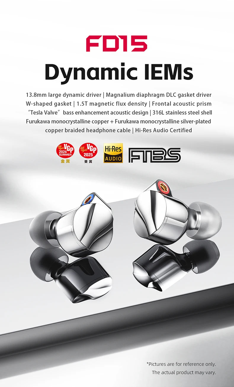 FiiO FD15 Hi-Res Dynamic Driver In-Ear Earphones, 13.8mm DLC Wired HiFi Earbuds with Magnalium Driver, MMCX Detachable Cable, Audiophile In-Ear Monitors